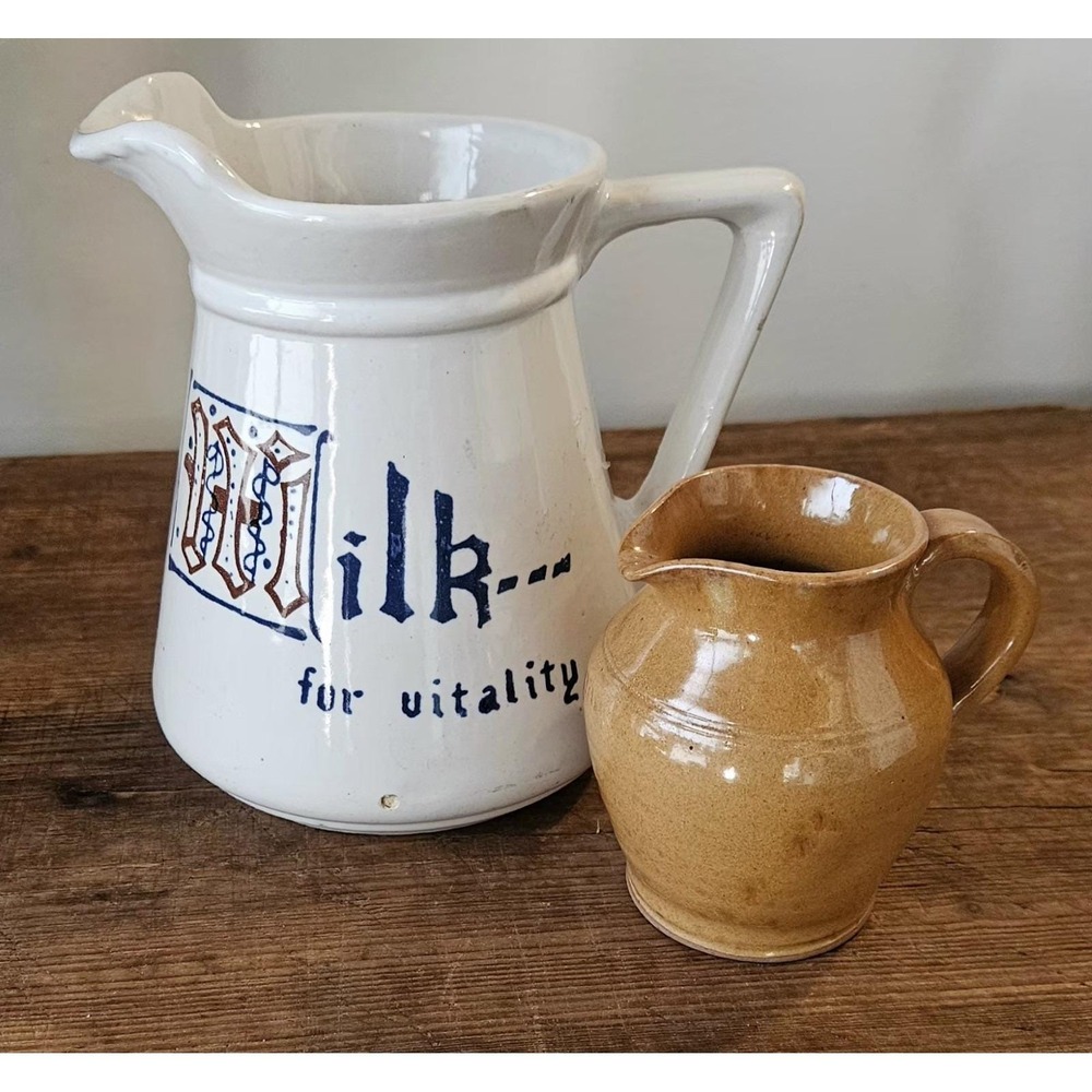 Vintage Stoneware Milk Pitcher & Glazed Pottery Creamer Farmhouse Decor